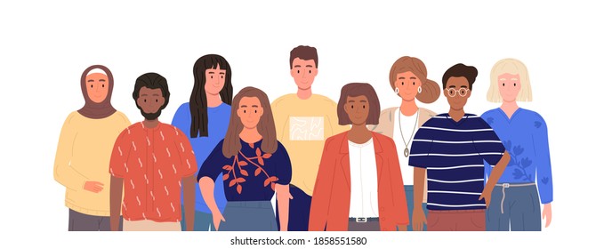 Group of multiracial people team. Young women and men bonding on isolated white background. Millennial generation, college students or business team concept. Flat cartoon vector illustration - Shutterstock ID 1858551580