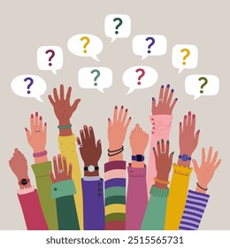 Group of multiracial peoples hands raised up and speech bubbles with questions marks. FAQ and questions concept. Hand drawn vector vector illustration isolated on light background, flat cartoon style.