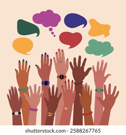 Group of multiracial peoples hands raised up and speech bubbles with questions marks. FAQ and questions concept. Hand drawn vector vector illustration isolated on light background, flat cartoon style.