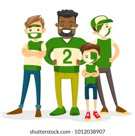 Group of multiracial sport fans in green outfit supporting their team. Adult and young sport fans watching game together. Vector cartoon illustration isolated on white background. Square layout.