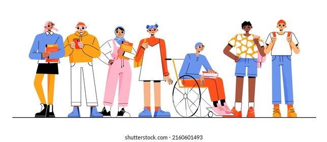 Group of multiracial students, diverse people with books, phone and backpacks. Vector flat illustration of young men and women characters, muslim girl, person in wheelchair