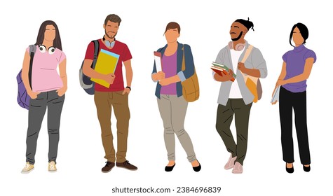 Group of multiracial students vector art isolated.