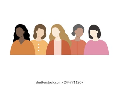 Group of multiracial woman. women with different skin color portrait. Women's day, community, diversity, support concepts. Flat people character vector design illustration isolated on background.