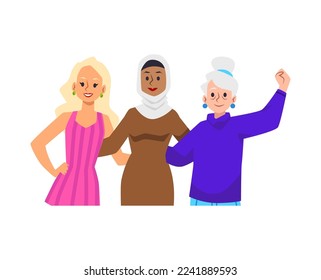 Group of multiracial women standing together supporting each other, flat vector illustration isolated on white background. International feminism and sisterhood concept.