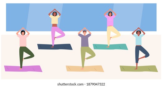 A group of multiracial women working out in sportswear in the gym. Flat vector. Online fitness center for lifestyle design. Training class. Stretching and pilates concept for a healthy lifestyle. 