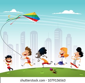 Group of multiracialkids running in the park with kite. Happy and smiling on summer sunny day. Vector cartoon illustation