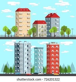 Group of multi-storey houses surrounded by trees, street lamps, cars. City landscape vector illustration.