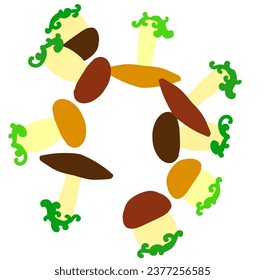 Group of mushrooms arranged in a circle, land art, forest of mushrooms, mushroom, grass, vector, flat pattern