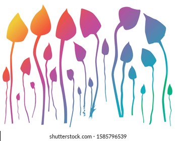 A group of mushrooms silhouetted in a rainbow against a white background