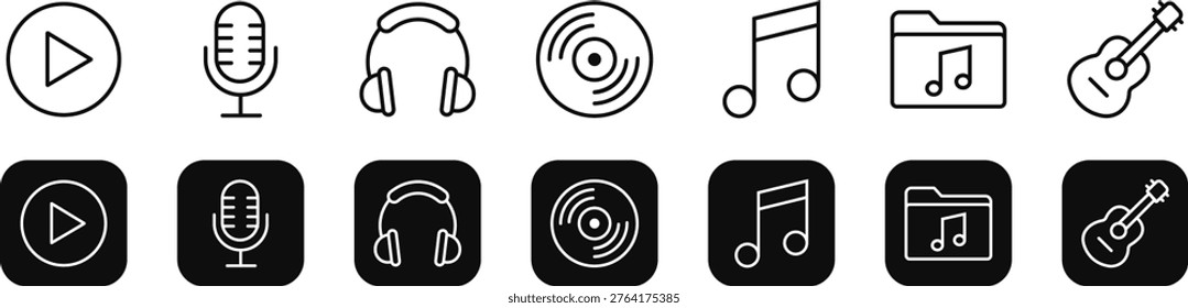 Group of music and audio icons. Includes play button, microphone, headphones, vinyl record, musical note, music folder, and guitar. Presented in both outline and inverse (white on black) styles. Perfect for graphic design, web development, and user interfaces.