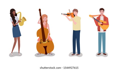 group music band playing instruments characters vector illustration design