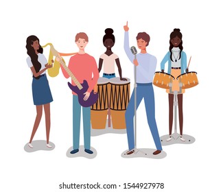 group music band playing instruments characters vector illustration design