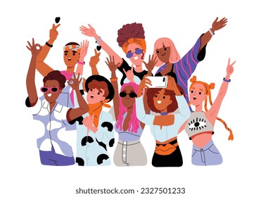 Group of music fans. Joyful screaming and singing people enjoy concert. Crowd of spectators with raised hands at summer festival or event. Cartoon flat vector illustration isolated on white background