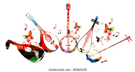 Group of music instruments with butterflies