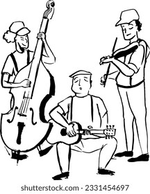 Group of musical instrument players ink illustration. Violist, guitarist, cellist sketches collection. Vector drawings isolated on white. Music theme. 