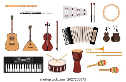 Group of musical instruments on white background