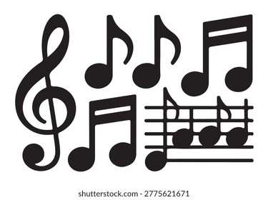 Group of musical notation symbols including treble clefs staff lines and different note durations.