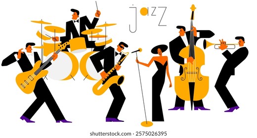 group of musicians perform on stage with jazz singer. stylized geometric people are drawn in flat style in black, white and orange. stock vector illustration. EPS 10.