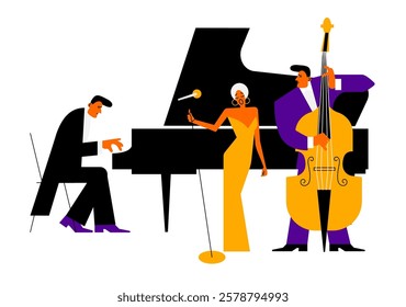 group of musicians with a piano and a double bass, a singer with a microphone on stage isolated on a white background. flat drawing, geometric style. stock vector illustration. EPS 10.