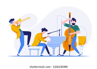 Group of musicians playing classical instruments. Concept persons, men playing the piano, trumpet and cello. Vector illustration.