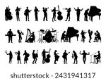 Group of musicians playing different musical instruments vector set silhouettes collection.