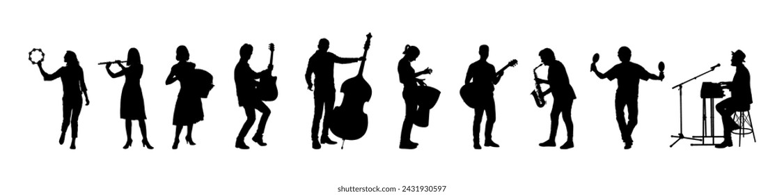 Group of musicians playing different musical instruments set vector silhouettes. Band musicians jamming together vector silhouette collection.