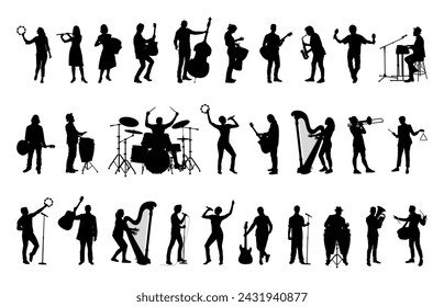 Group of musicians playing different musical instruments black silhouettes set collection.	