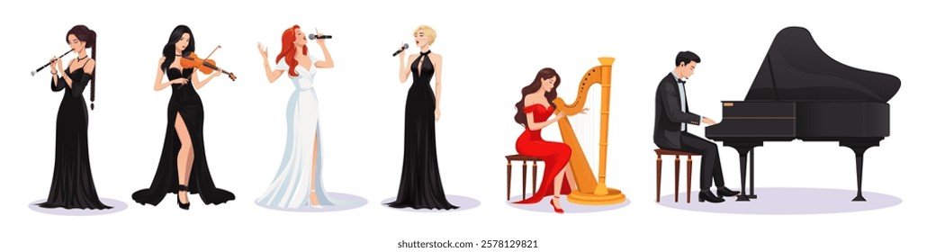 Group of musicians playing instruments and singing on stage. Vector illustration