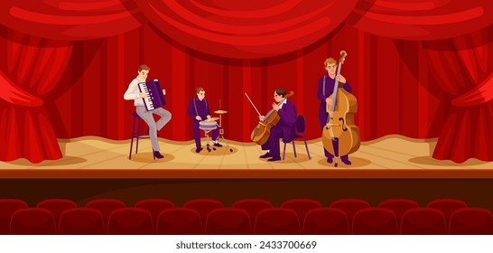 Group of musicians are playing on a stage in front of red curtain. Musicians are dressed in black and white and are playing variety of instruments including cello, trombone, tuba. Vector illustration