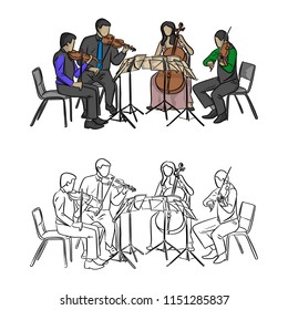 group of musicians playing in quartet vector illustration sketch doodle hand drawn with black lines isolated on white background