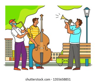 Group of musicians playing street jazz. Men playing saxophone, trumpet and cello. Vector illustration.