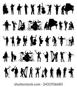 Group of musicians playing various instruments silhouettes set collection.	