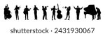 Group of musicians playing various musical instruments set silhouettes.	