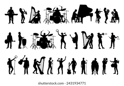 Group musicians playing various musical instrument silhouette set collection.	