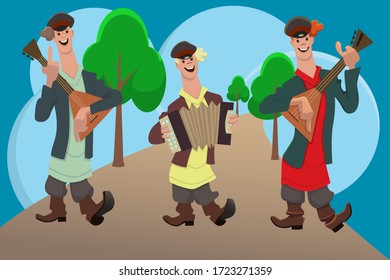 A group of musicians in Russian national clothes. Vector illustration in cartoon style.