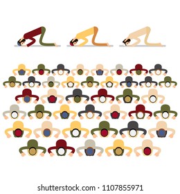 Group Muslim arabic men in different suit and traditional clothes sitting and praying. Performance of Muslim prayer by men in poses on knees. Illustration in flat style. Isolated.
