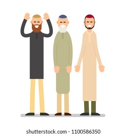 Group muslim arabic people. Men standing together in different suit and traditional clothes. Illustration in flat style on white background. Isolated.
