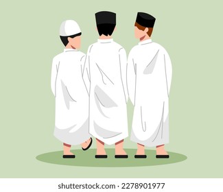 A group of Muslim boys are walking and talking back view. flat vector illustration.