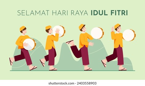 grupo de niños musulmanes tocando música tradicional para dar la bienvenida a Eid al-Fitr, Selamat hari raya idul fitri, TRADUCCIÓN : Feliz eid al fitr