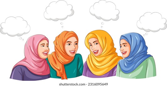 Group of Muslim female talking with blank speech bubble illustration