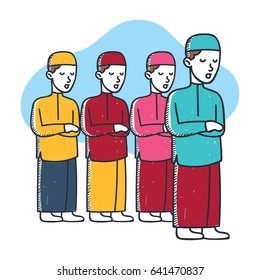 Un grupo de musulmanes haciendo una oración juntos. Ilustración de Sholat