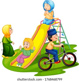 Group of muslim kids at playground illustration