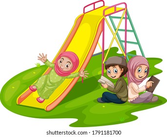 Group of muslim kids at playground illustration