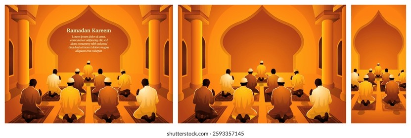 Grupo de homens muçulmanos rezando dentro de uma mesquita. Eles são mostrados por trás, sentados em esteiras de oração, de frente para a frente da mesquita onde um mihrab arqueado (nicho de oração) é visível