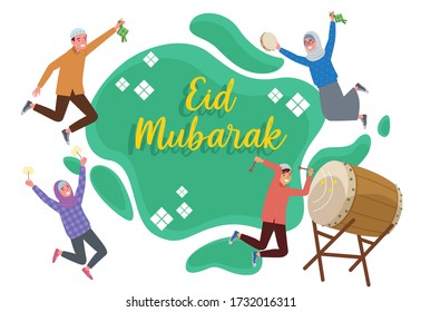 a group of Muslim teenagers who do various kinds of poses like beating drum or Bedug, holding a fireworks, holding a tambourine, and holding Ketupat. They wear colorful clothes and say Eid Mubarak.