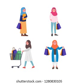 Group of Muslim Woman Wearin Casual Hijan Veil Shopping Vector Flat Cartoo Illustration