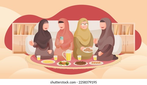 Group of Muslim Women Friends or Sisters Eat Iftar Together and Chat with Smile Illustration Concept