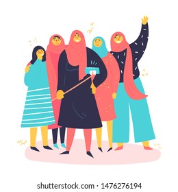 A group of Muslim women are taking selfies in hijab. Young contremporary, modern woman with phone stand together. Concept of equal rights and empower for all women. Be free