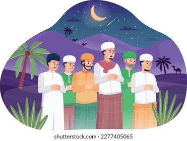 Group of Muslims man pray together, Prayer in congregation islamic flat illustration- Salat jamaah