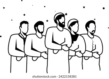 Group of Muslims Offering festival prayer vector Design, Ramadan and Eid al-Fitr Symbol, Islamic and Muslims fasting Sign, Arabic holidays celebration stock illustration, Eid Jamaah or Jamat Concept